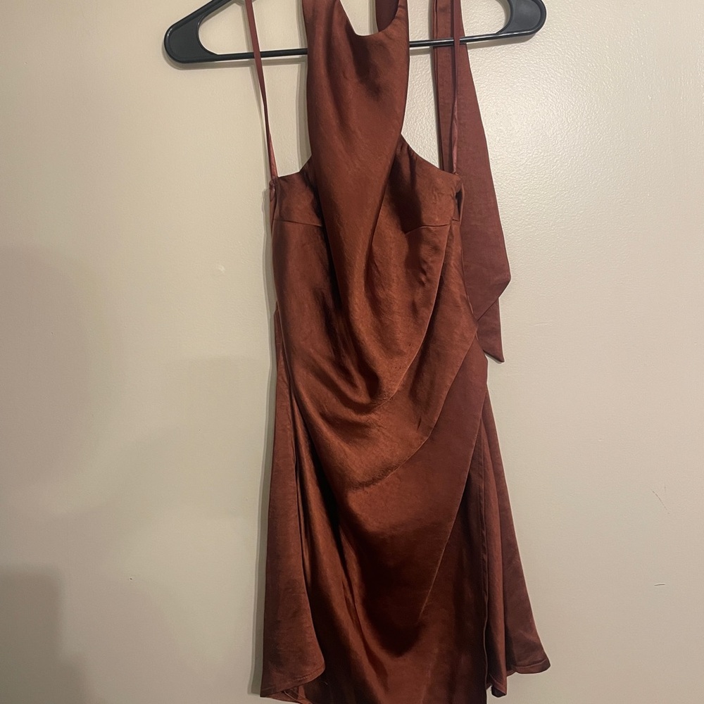 Hello Molly Rust Satin Mini Dress with Cowl Neck